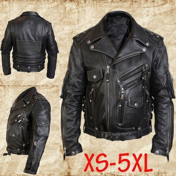 Men's Leather Jacket with Zipper and Multi-Pockets Pi-Mart