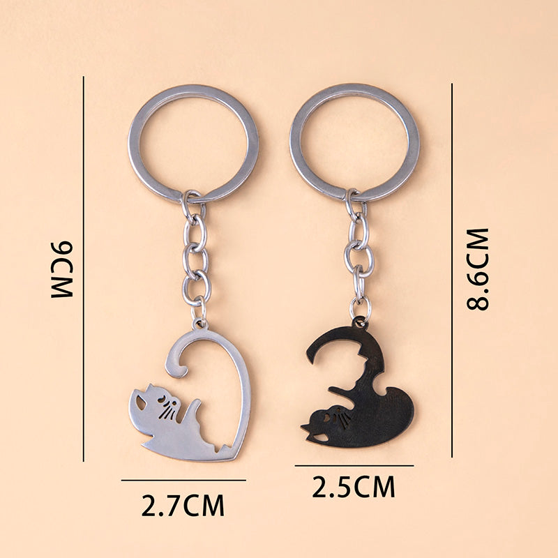 Love Heart Black White Cats Stainless Steel Couple Keychains LadyShow.Store
