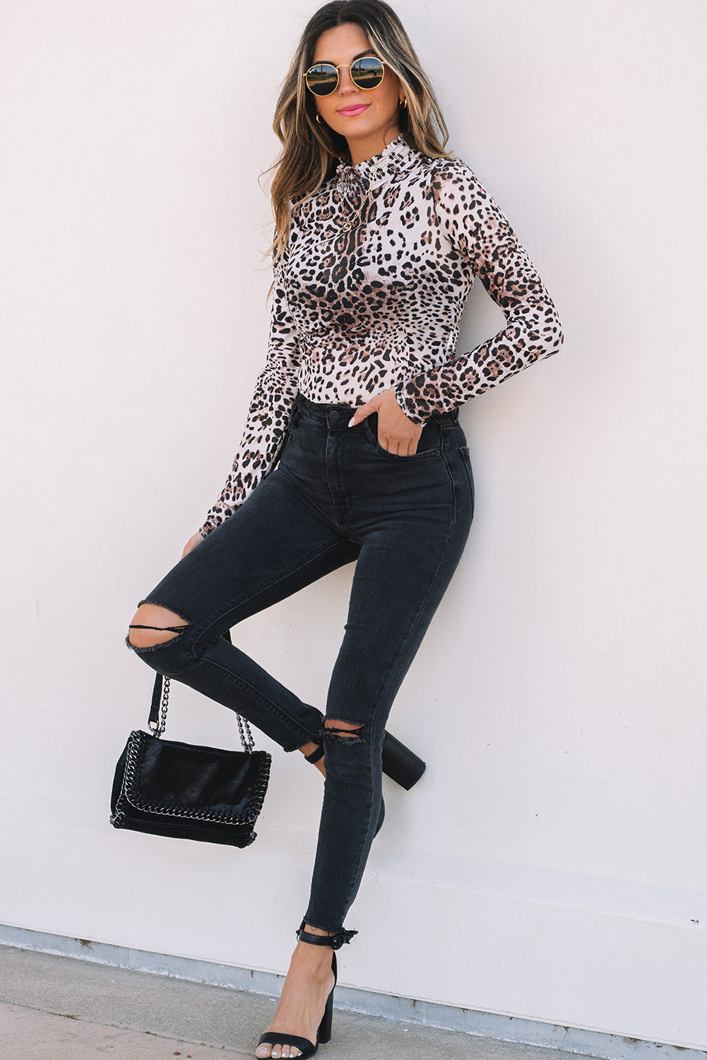 Leopard Smocked Neck Mesh Long Sleeve Bodysuit LuxuryLifeWay Online Store
