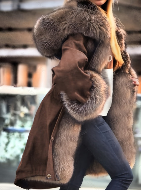 Long-sleeved Oversized Coat With A Fur Collar And Hood NorixaFashion.com