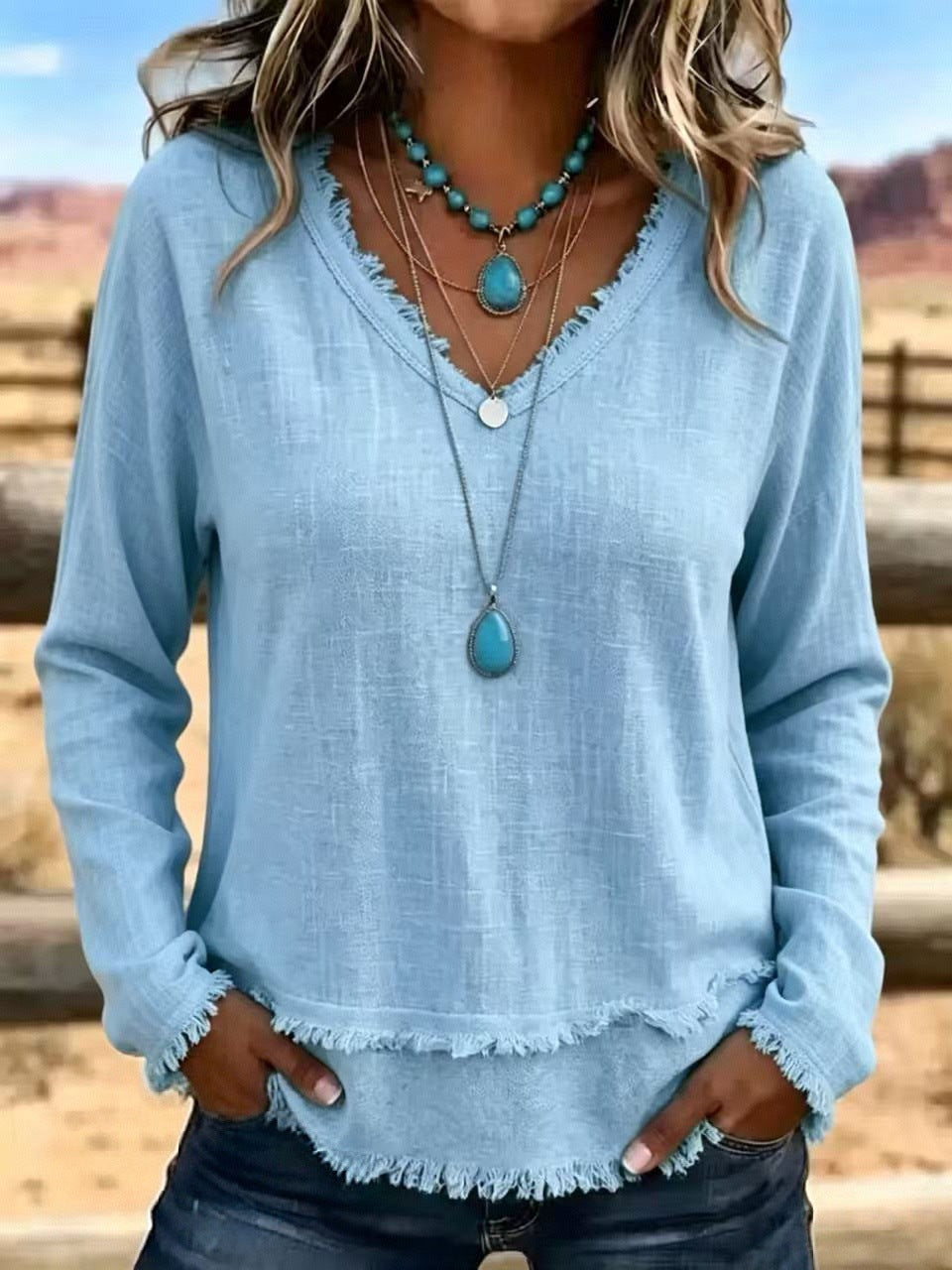 V-Neck Long Sleeve T-Shirt With Tassel Women's Loose Fit Casual Top For Daily Wear Clothing NorixaFashion.com