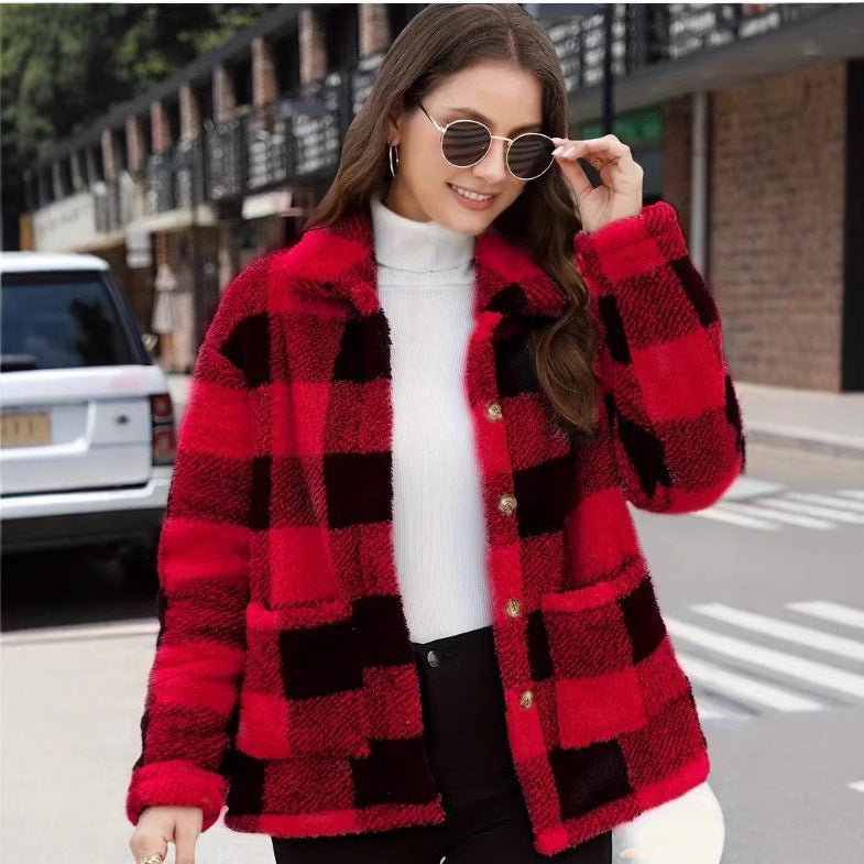 Color-blocked Plaid Jacket Fashion Lapel Pockets Single-breasted Coat Spring Fall Clothing For Women NorixaFashion.com