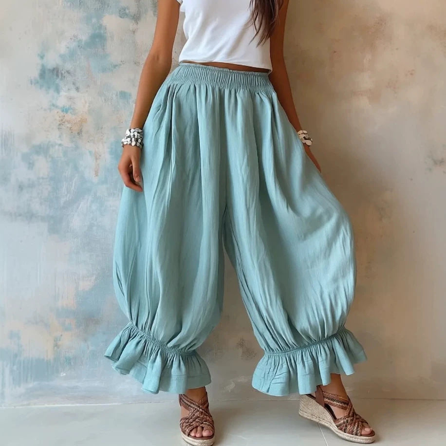 Loose Casual Cotton-linen Flared Pants With Ruffled Hems For Women NorixaFashion.com