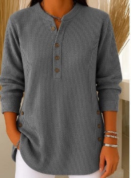 V-neck Buttons Sweater Fashion Casual Solid Color Long-sleeved Tops Women's Blouse T-shirt Clothing NorixaFashion.com