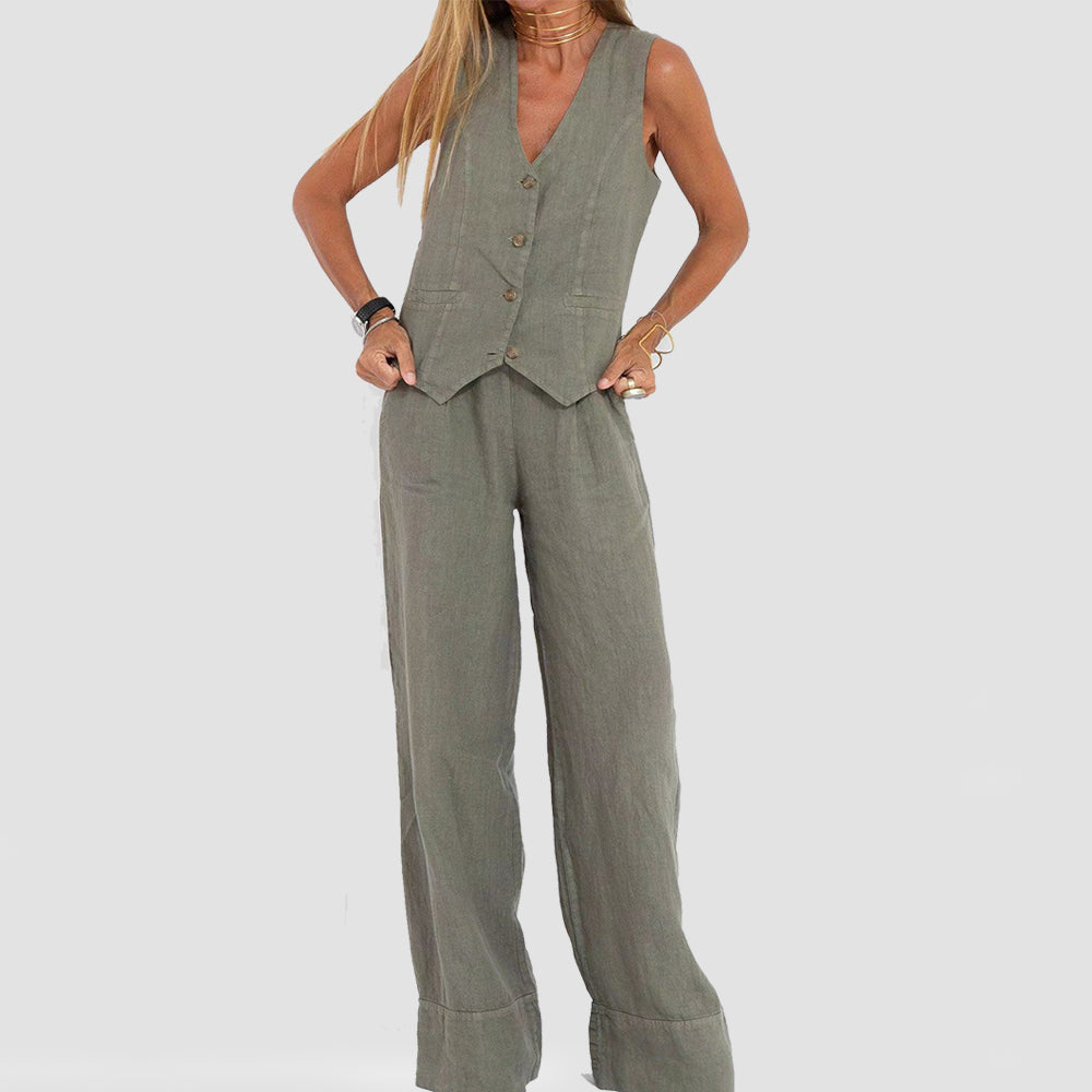 Summer Vest Suits V-neck Botton Sleeveless Top And Loose Straight Trousers Casual Womens Clothing NorixaFashion.com