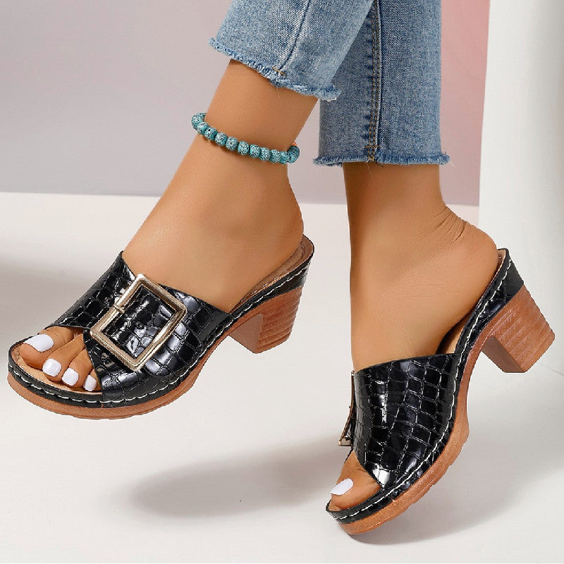 Fashion Crocodile-textured Buckle Sandals Square Chunky Heel Peep-toe Slides Slippers Women Shoes CJD