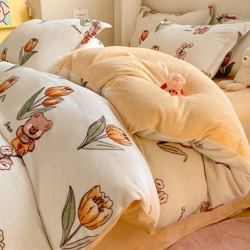 Winter Thickening Milk Fiber Bed Four-piece Coral Velvet Quilt Cover Flange Double-sided Bed Sheet Three-piece Bedding CJD2