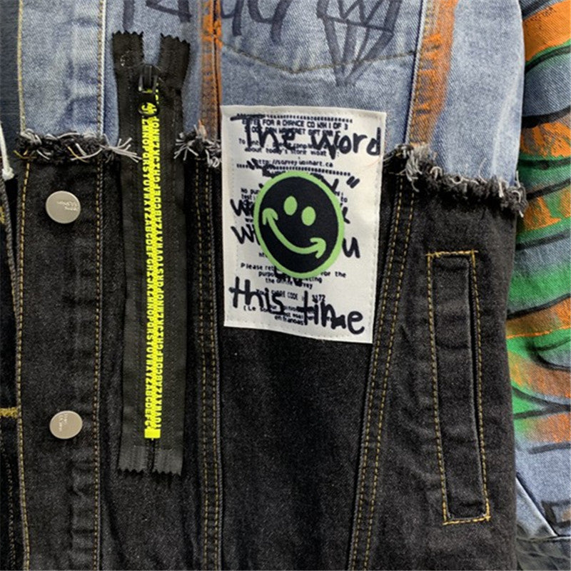 Women's Spliced Graffiti Print Denim Jacket for Streetwear Pi-Mart