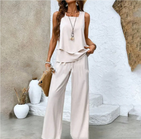Print Suits Sleeveless Double-layer Vest And Loose Straight Pants Womens Clothing NorixaFashion.com
