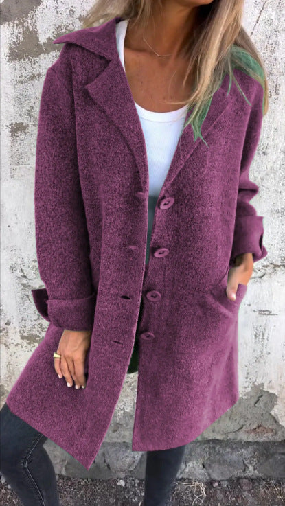 Lapel Single Breasted Cardigan With Pockets Fashion Color Solid Mid-Length Outwear Coat Womens Clothing LadyShow.Store