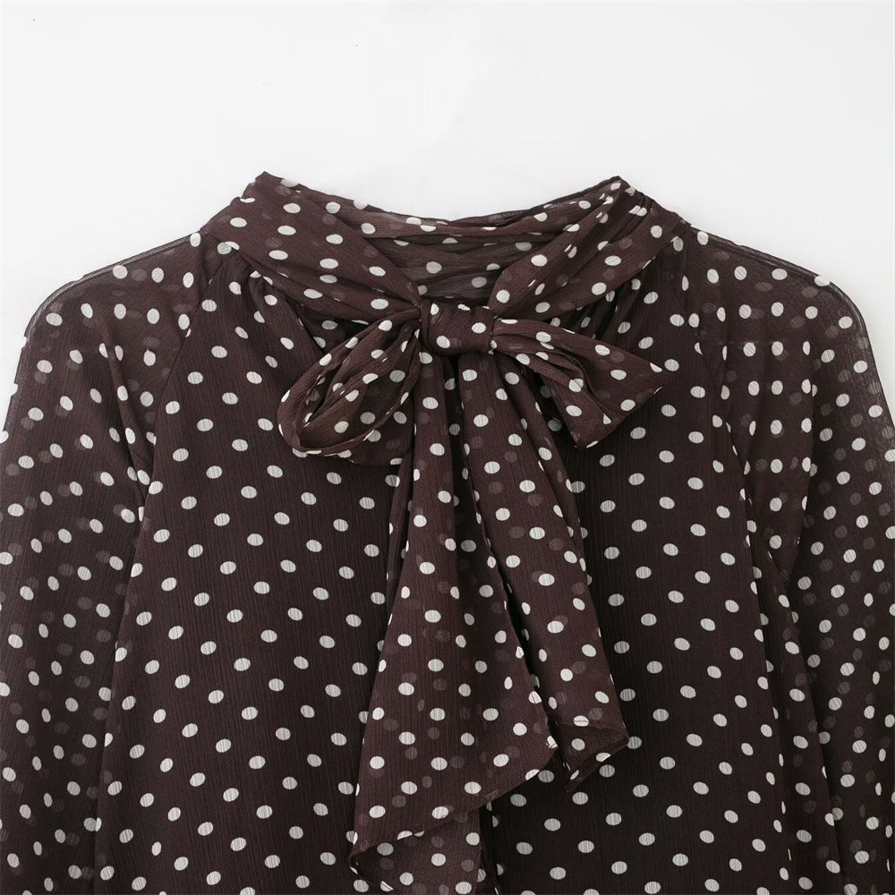 Polka Dot Long-Sleeve Shirt With Bow NorixaFashion.com