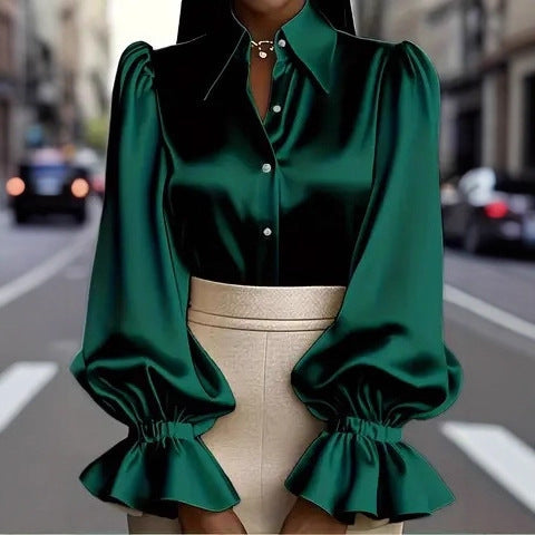 New Stylish Solid-colored Bubble Sleeve Long-sleeve Lapel Satin Shirt For Commuting LadyShow.Store