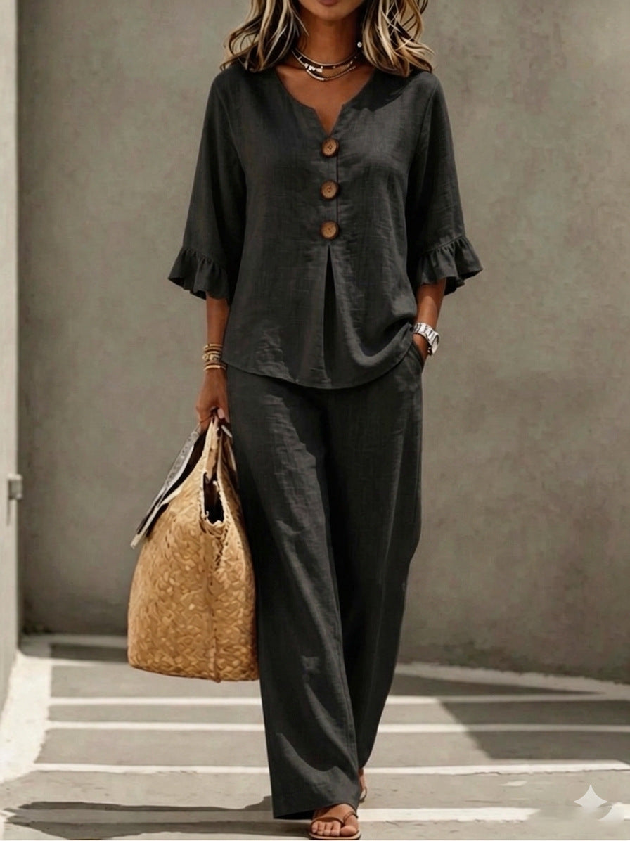 Womens V-neck Ruffle Three-Quarter Sleeve Top And Pants Two-Piece Set NorixaFashion.com