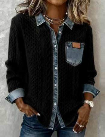 Stylish, Versatile Knitted Patchwork Denim Shirt For Women NorixaFashion.com