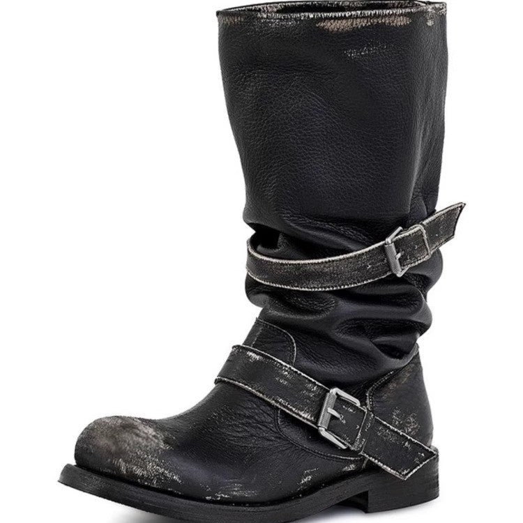 Chunky-heeled Vintage Distressed Mid-calf Boots Womens LadyShow.Store