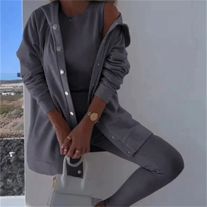 Women's Fashion Sports And Leisure Hooded Sweater Vest Pants Three-piece Set NorixaFashion.com