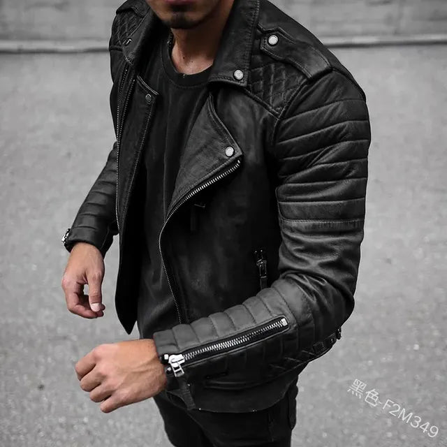 Men's Slim Fit Brown PU Leather Jacket with Lapel Pi-Mart
