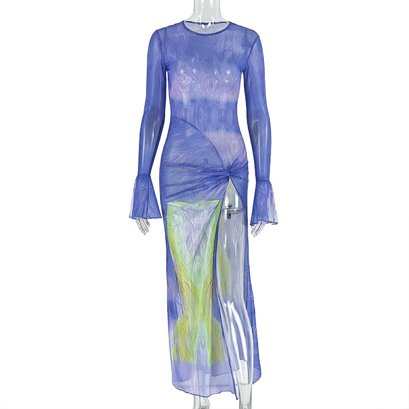 Fashion Women's Printed Mesh Slit Wrap Skirt With Pleats LadyShow.Store
