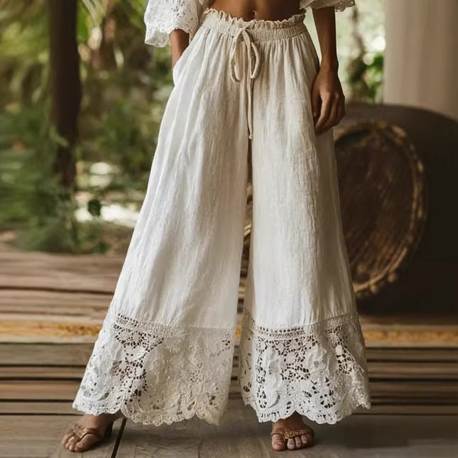 Fashionable Solid-Colored Lace-Trimmed Womens Pants NorixaFashion.com