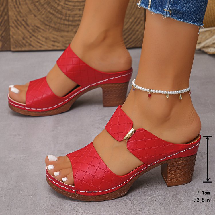 Chunky Heel Sandals Summer Round Toe Plaid Slides Slippers Fashion Outdoor High Heels Shoes For Women CJD