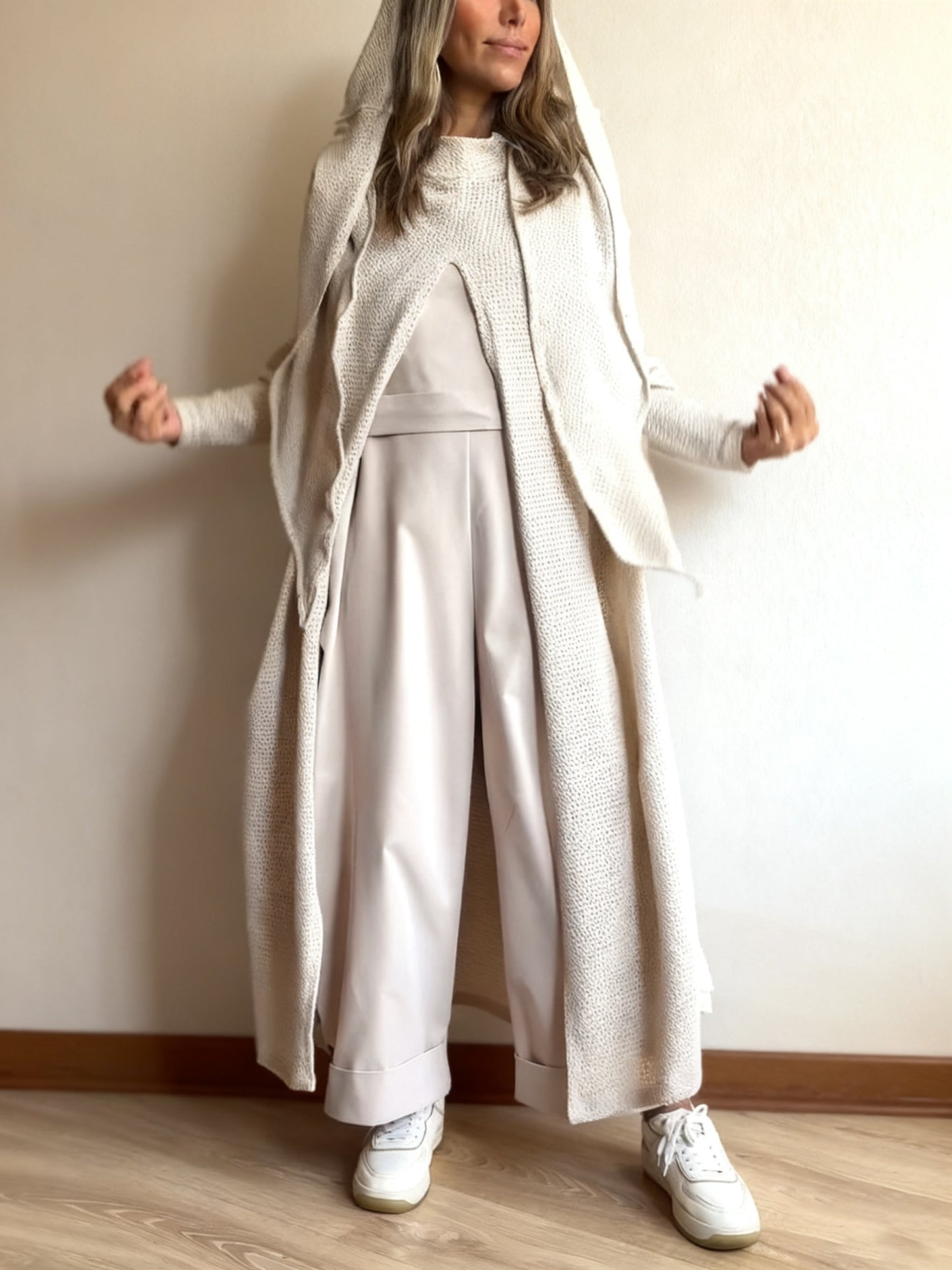 Beige Knit Hooded Duster Top NorixaFashion.com