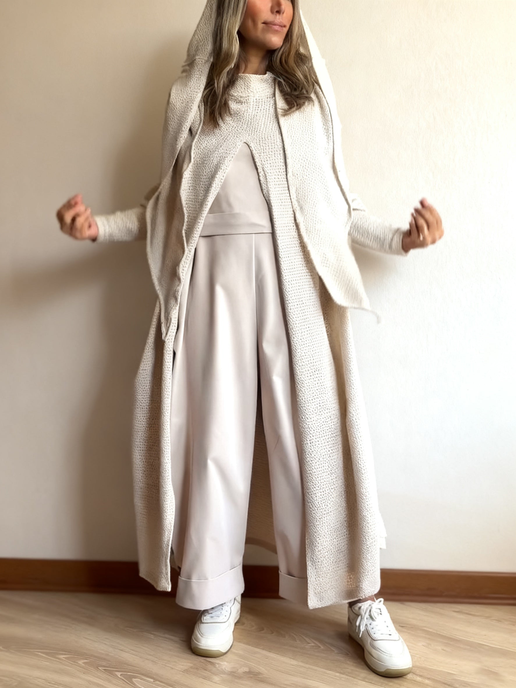 Beige Knit Hooded Duster Top NorixaFashion.com