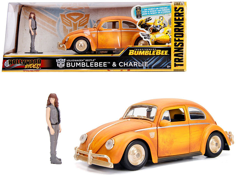 Volkswagen Beetle Weathered Yellow with Robot on Chassis and Charlie Diecast Figurine "Bumblebee" (2018) Movie ("Transformers" Series) "Hollywood Rides" Series 1/24 Diecast Model Car by Jada LuxuryLifeWay Online Store