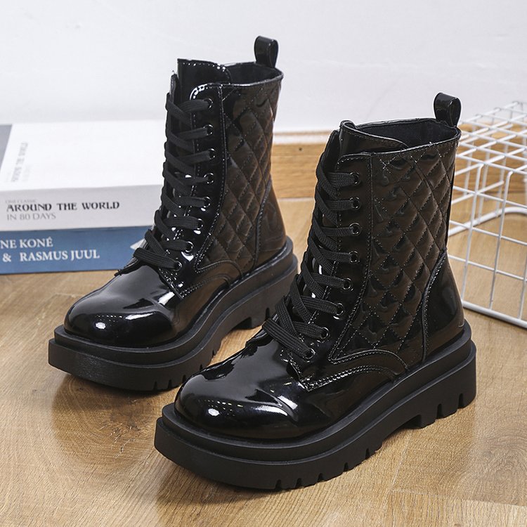 Lace-up Thick-heeled Boots Winter Casual Round Toe Platform Ankle Boots Women Fashion Quilted Pattern Minimalist Motorcycle Shoes LadyShow.Store