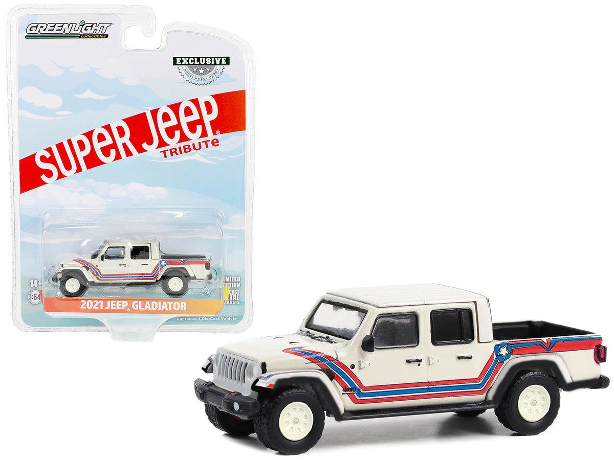 2021 Jeep Gladiator Pickup Truck "Super Jeep Tribute" White with Red and Blue Stripes "Hobby Exclusive" Series 1/64 Diecast Model Car by Greenlight LuxuryLifeWay Online Store