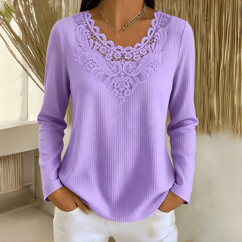 New Lace-panel Womens Long-sleeve Top NorixaFashion.com