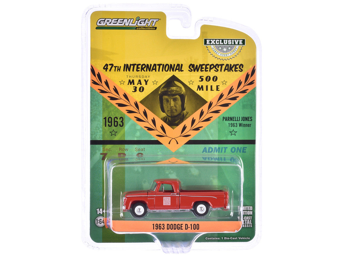 1963 Dodge D-100 Pickup Truck "47th International 500 Mile Sweepstakes - Indianapolis 500 Official Truck" Red "Hobby Exclusive" Series 1/64 Diecast Model Car by Greenlight LuxuryLifeWay Online Store