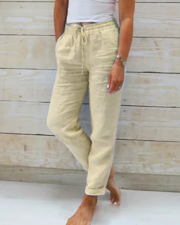 Elastic Waist Solid Cotton Hemp Pants NorixaFashion.com