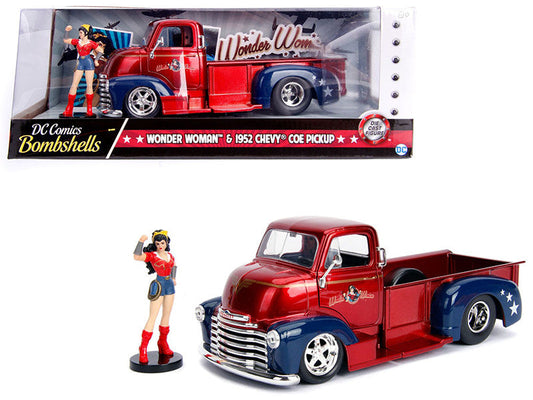 1952 Chevrolet COE Pickup Truck Candy Red and Blue with Wonder Woman Diecast Figure "DC Comics Bombshells" Series "Hollywood Rides" 1/24 Diecast Model Car by Jada LuxuryLifeWay Online Store