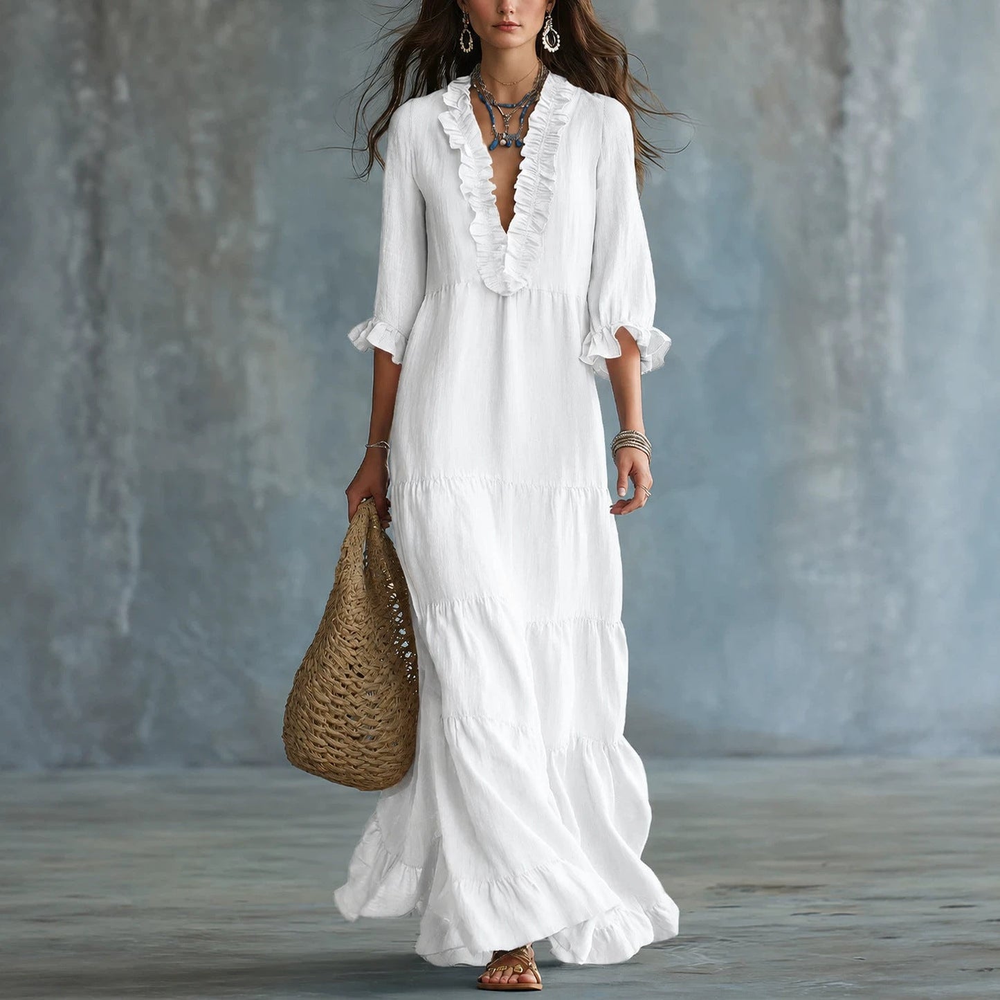 Womens V-neck Layered Casual Flowing Maxi Dress With Ruffled Hem NorixaFashion.com