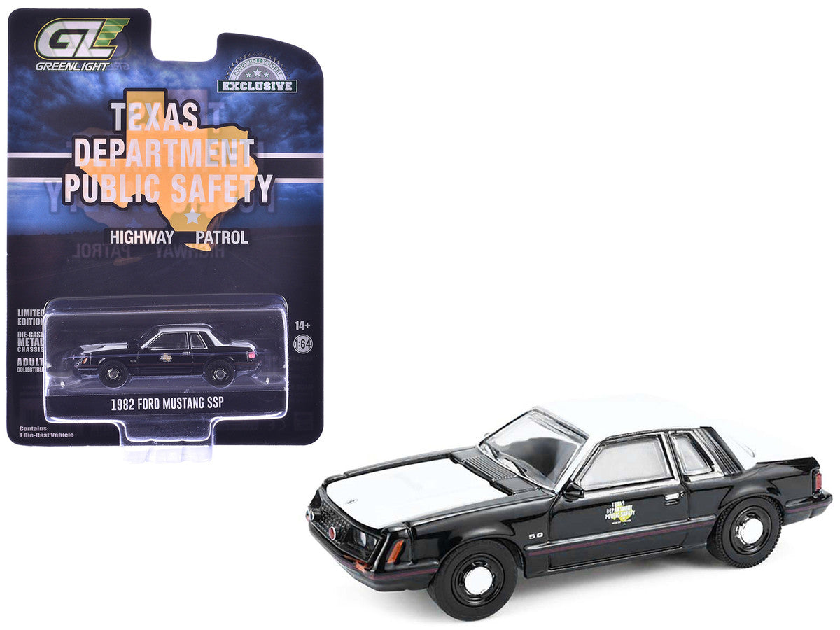1982 Ford Mustang SSP "Texas Department of Public Safety Highway Patrol" Black with White Hood and Top "Hobby Exclusive" Series 1/64 Diecast Model Car by Greenlight LuxuryLifeWay Online Store