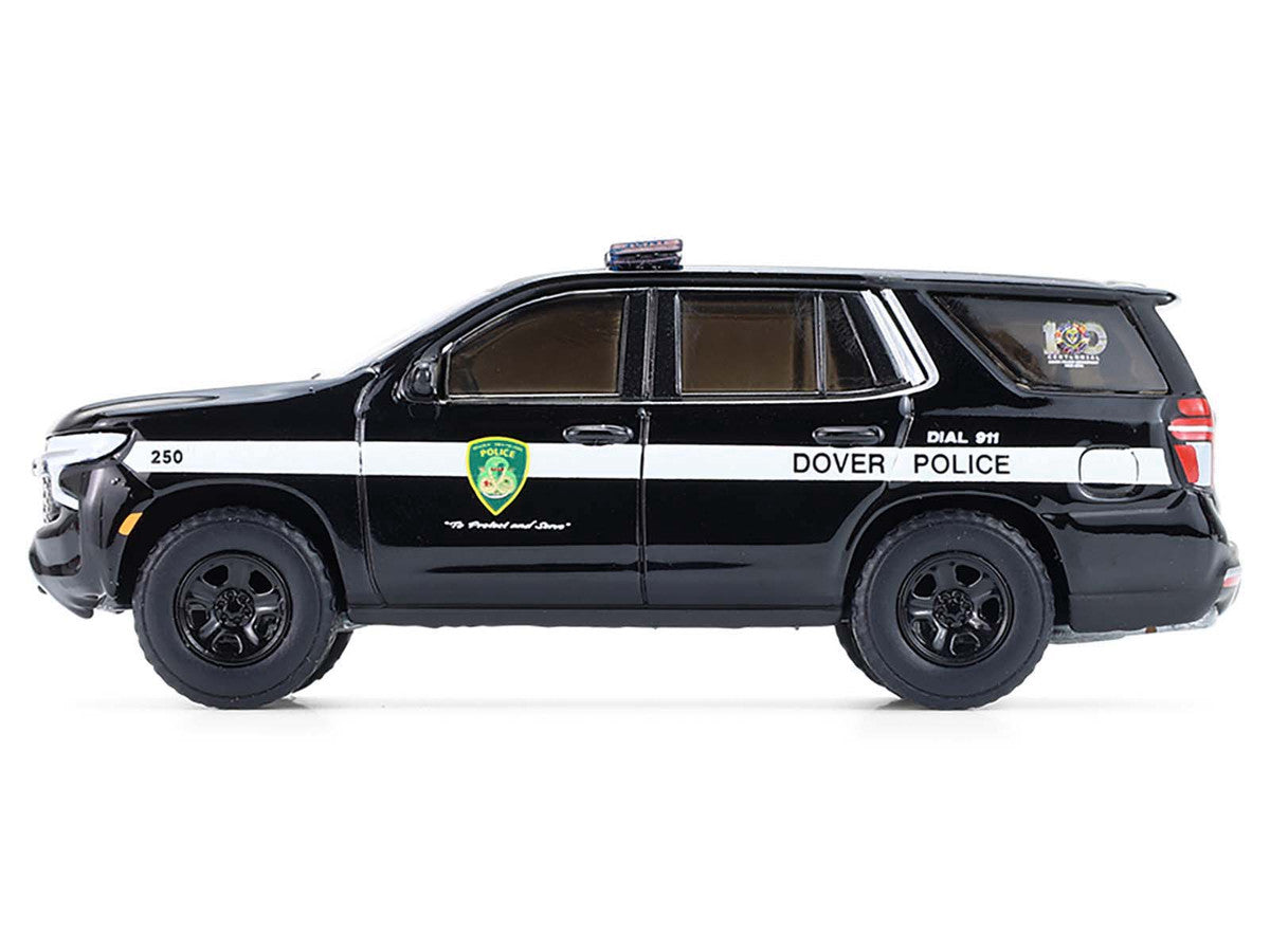 2024 Chevrolet Tahoe Police Pursuit Vehicle "Dover Police – 100th Anniversary Edition" Black with White Stripes "Hobby Exclusive" Series 1/64 Diecast Model Car by Greenlight LuxuryLifeWay Online Store