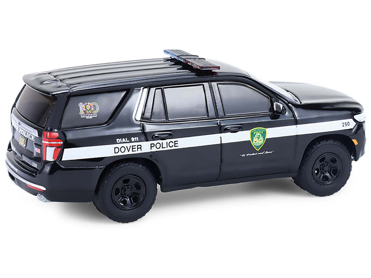 2024 Chevrolet Tahoe Police Pursuit Vehicle "Dover Police – 100th Anniversary Edition" Black with White Stripes "Hobby Exclusive" Series 1/64 Diecast Model Car by Greenlight LuxuryLifeWay Online Store