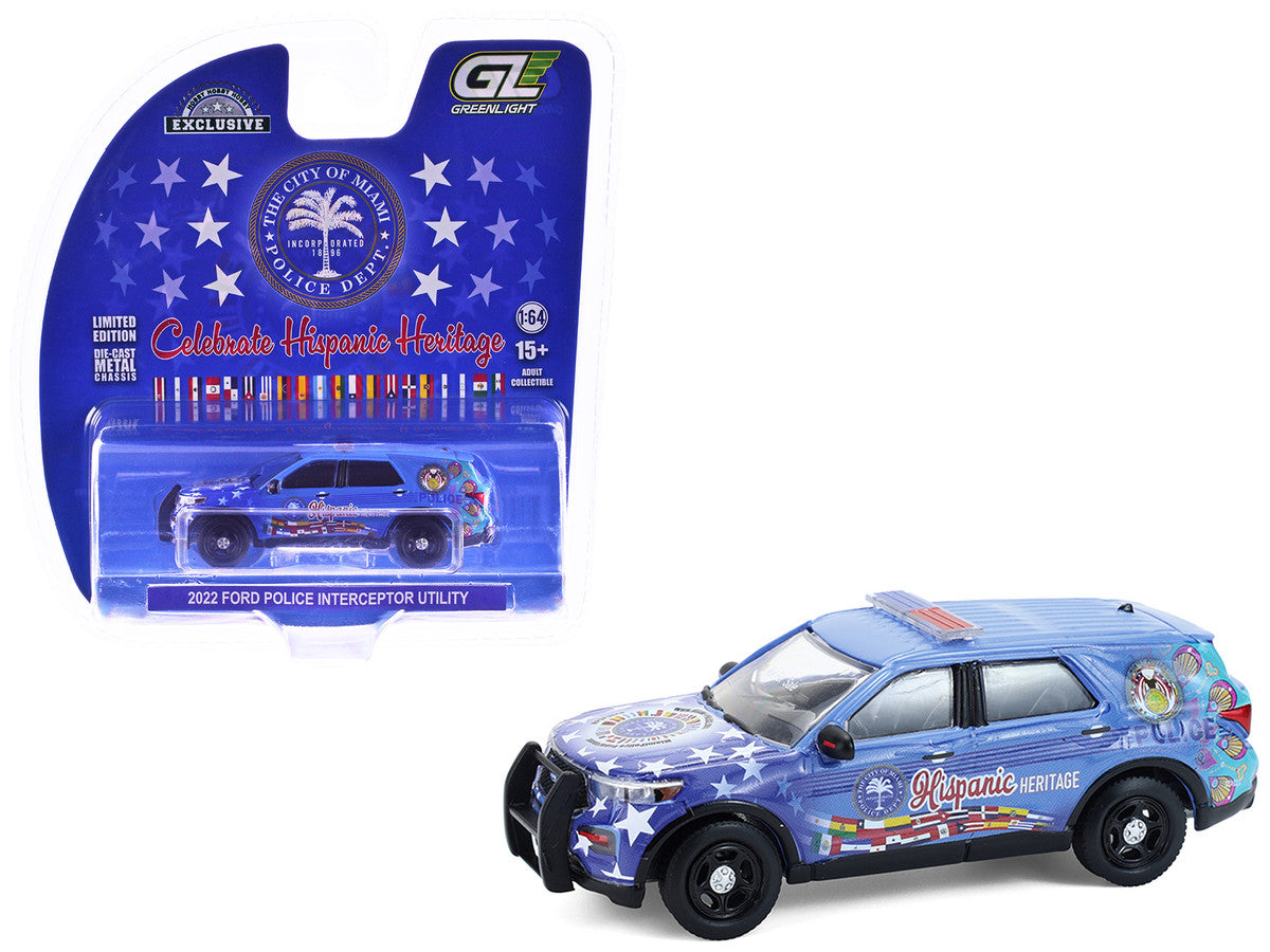 2022 Ford Police Interceptor Utility "Miami Police Department Hispanic Heritage Month" Blue with Graphics "Hobby Exclusive" Series 1/64 Diecast Model Car by Greenlight LuxuryLifeWay Online Store