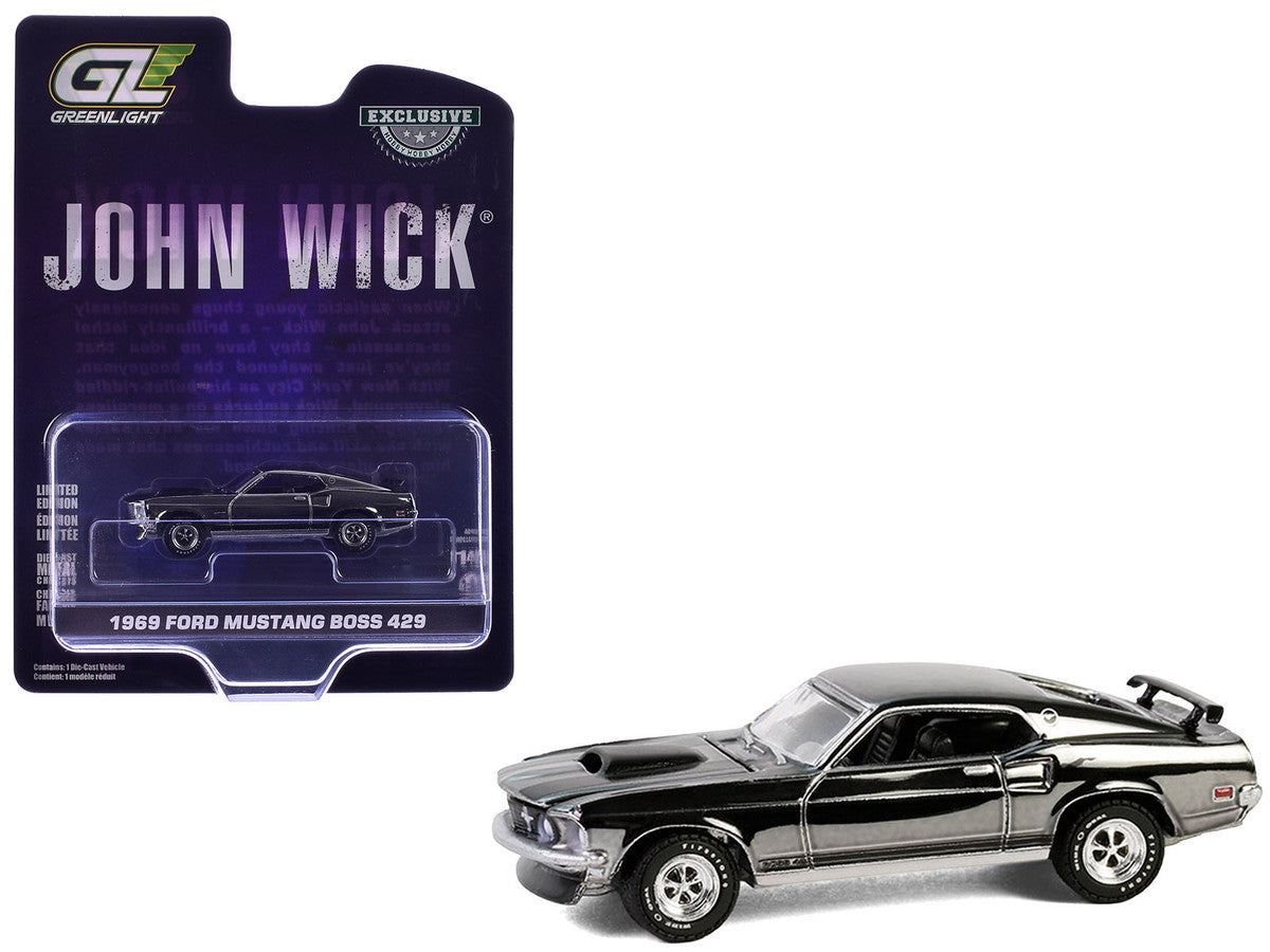 1969 Ford Mustang Boss 429 Silver Chrome Edition with Black Stripes "John Wick" (2014) Movie "Hobby Exclusive" Series 1/64 Diecast Model Car by Greenlight LuxuryLifeWay Online Store