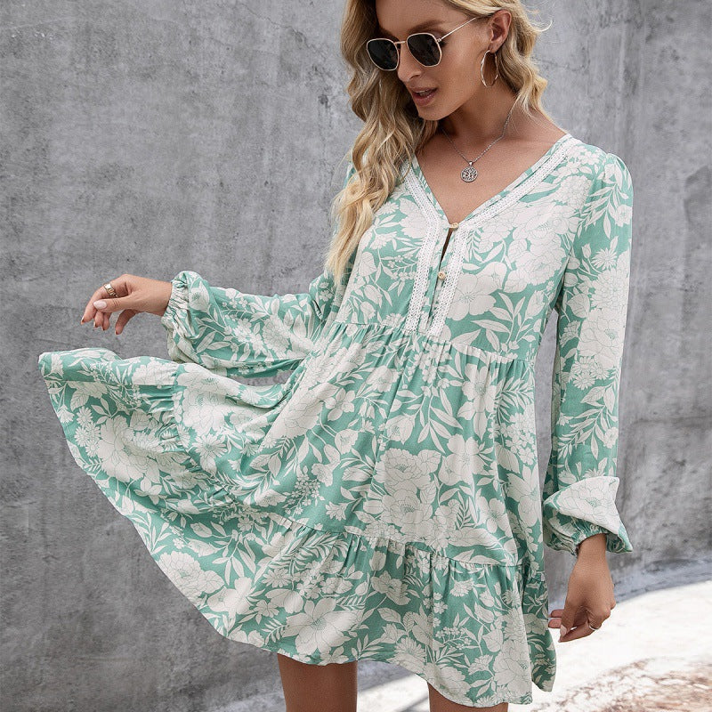 Loose Casual Floral Lace Stitching Sleeves Long Sleeve V-neck Printing LadyShow.Store