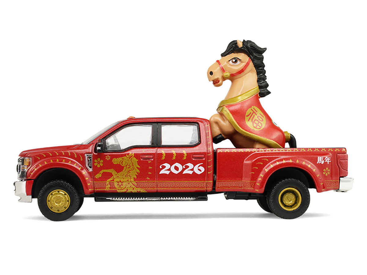 2022 Ford F-450 Dually Pickup Truck "Chinese Zodiac 2026 Year of the Horse" Red with Gold Graphics and Horse Figure "Hobby Exclusive" Series 1/64 Diecast Model Car by Greenlight LuxuryLifeWay Online Store