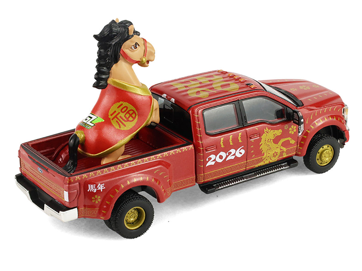 2022 Ford F-450 Dually Pickup Truck "Chinese Zodiac 2026 Year of the Horse" Red with Gold Graphics and Horse Figure "Hobby Exclusive" Series 1/64 Diecast Model Car by Greenlight LuxuryLifeWay Online Store