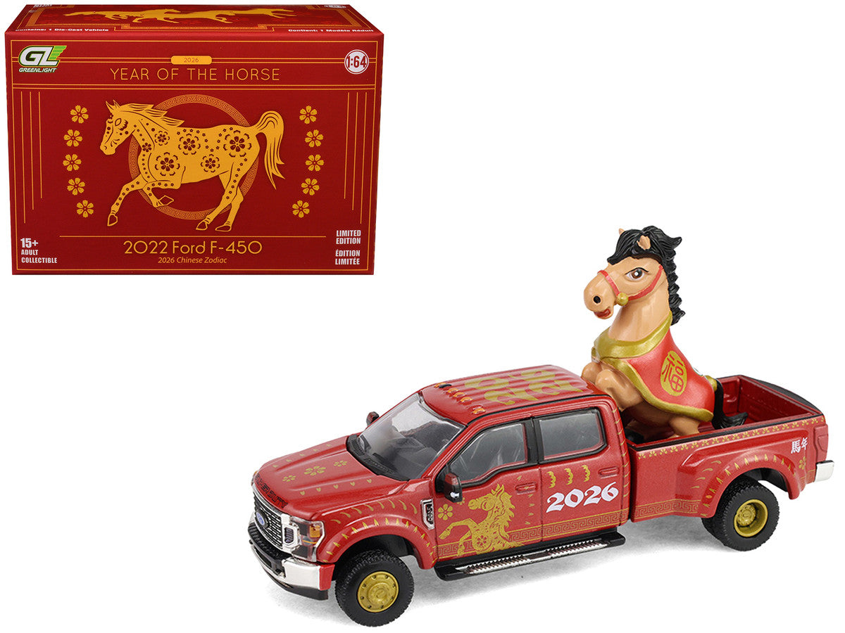 2022 Ford F-450 Dually Pickup Truck "Chinese Zodiac 2026 Year of the Horse" Red with Gold Graphics and Horse Figure "Hobby Exclusive" Series 1/64 Diecast Model Car by Greenlight LuxuryLifeWay Online Store