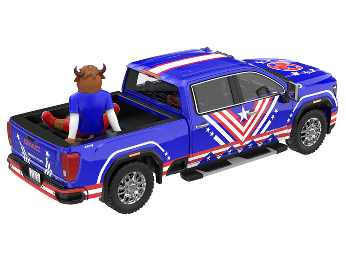 2022 GMC Sierra 3500 HD Pickup Truck Blue with American Soccer Graphics with Bison Figure "International Soccer Celebration '26" Series 1/64 Diecast Model Car by Greenlight LuxuryLifeWay Online Store
