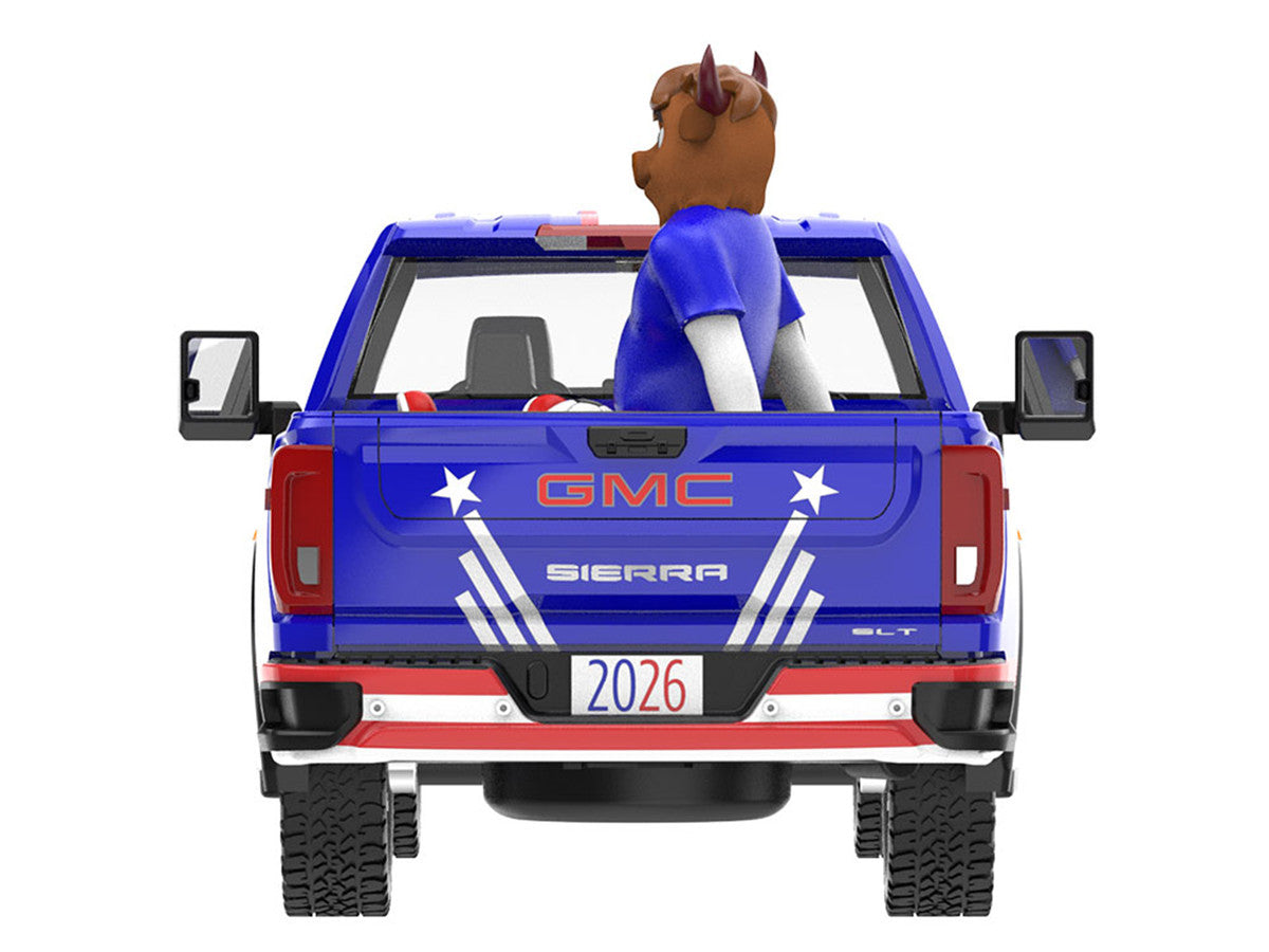 2022 GMC Sierra 3500 HD Pickup Truck Blue with American Soccer Graphics with Bison Figure "International Soccer Celebration '26" Series 1/64 Diecast Model Car by Greenlight LuxuryLifeWay Online Store