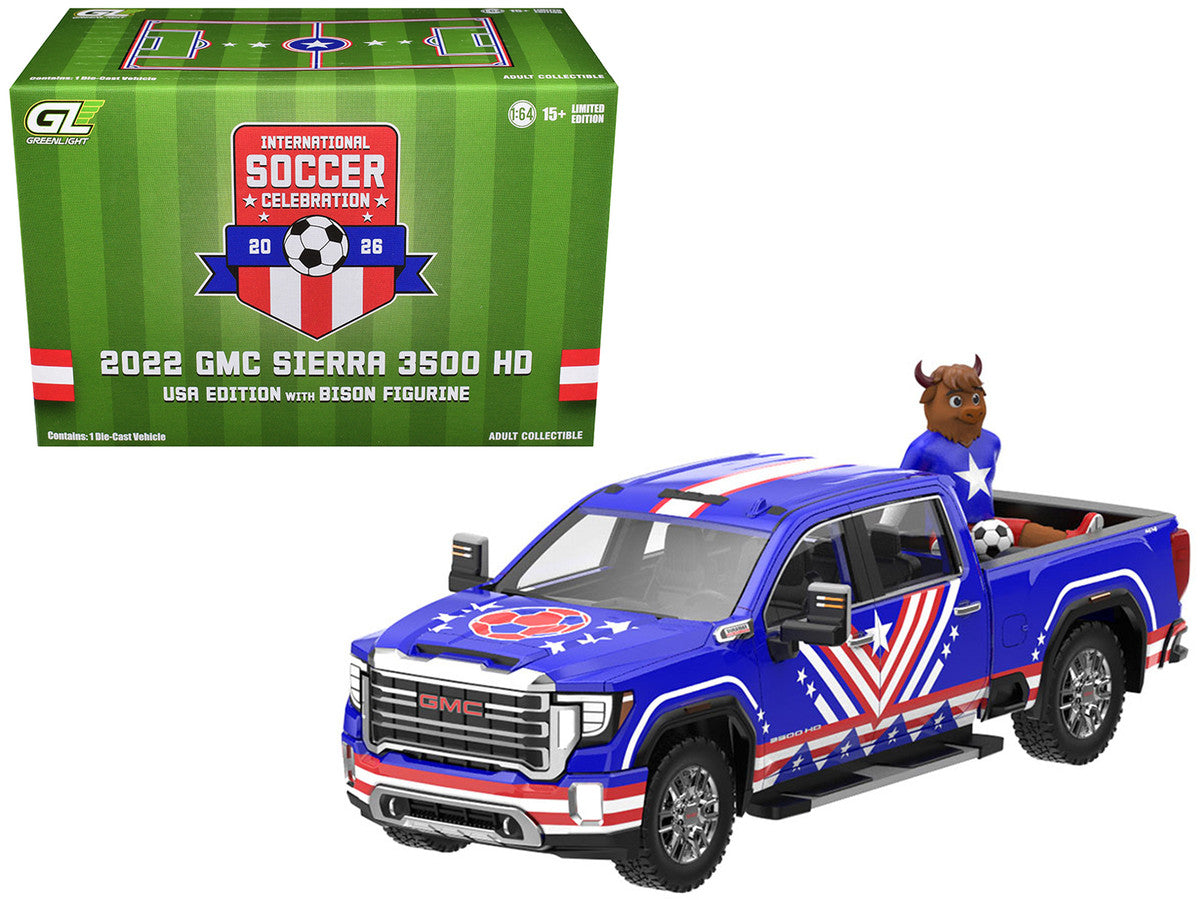 2022 GMC Sierra 3500 HD Pickup Truck Blue with American Soccer Graphics with Bison Figure "International Soccer Celebration '26" Series 1/64 Diecast Model Car by Greenlight LuxuryLifeWay Online Store