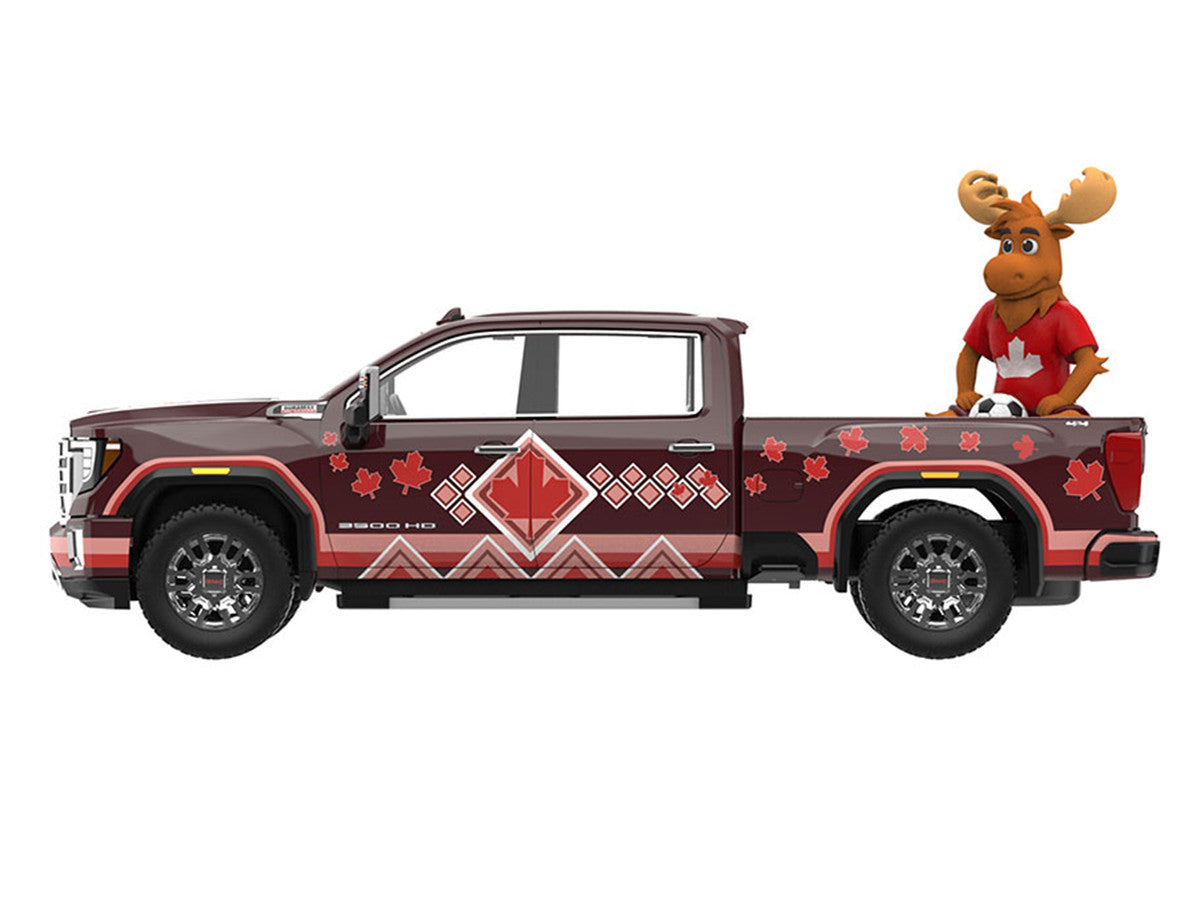 2022 GMC Sierra 3500 HD Pickup Truck Dark Red with Canadian Soccer Graphics with Moose Figure "International Soccer Celebration '26" Series 1/64 Diecast Model Car by Greenlight LuxuryLifeWay Online Store