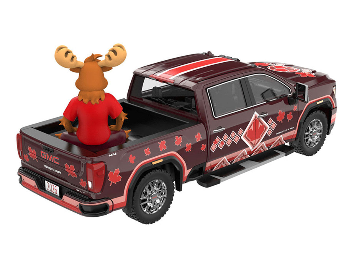 2022 GMC Sierra 3500 HD Pickup Truck Dark Red with Canadian Soccer Graphics with Moose Figure "International Soccer Celebration '26" Series 1/64 Diecast Model Car by Greenlight LuxuryLifeWay Online Store