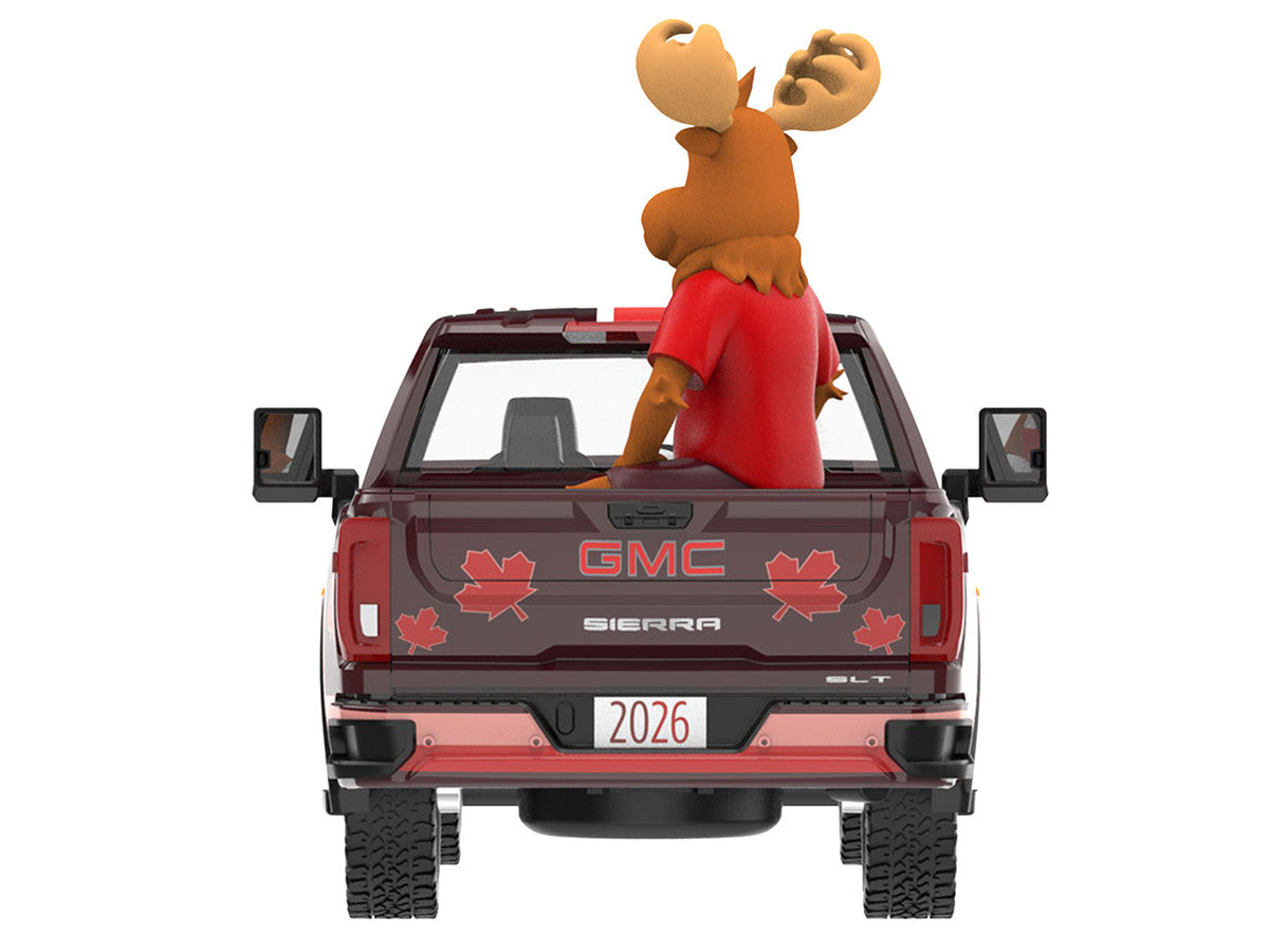 2022 GMC Sierra 3500 HD Pickup Truck Dark Red with Canadian Soccer Graphics with Moose Figure "International Soccer Celebration '26" Series 1/64 Diecast Model Car by Greenlight LuxuryLifeWay Online Store