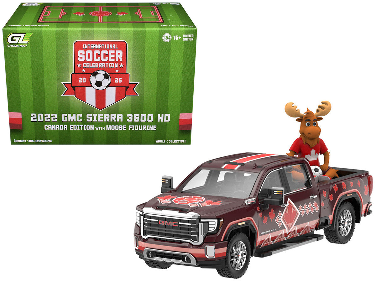 2022 GMC Sierra 3500 HD Pickup Truck Dark Red with Canadian Soccer Graphics with Moose Figure "International Soccer Celebration '26" Series 1/64 Diecast Model Car by Greenlight LuxuryLifeWay Online Store